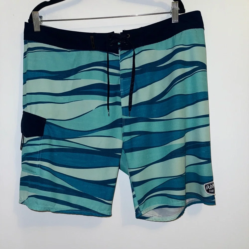 Ron Jon Surf Shop Men’s Board Shorts Swim Trunks Blue Teal Wave Print Sz 38